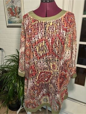 Multicolor Laser Cutout Tunic Cover Up with Olive Trim 1X